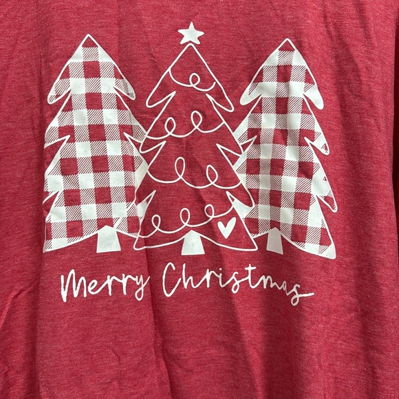 Merry Christmas Light Red Long Sleeve Top with White and Plaid Pattern Trees - Picture 3 of 6